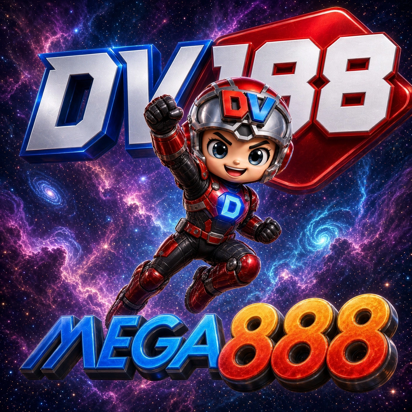 Mega888 and DV188 artwork with a raised-fist mascot and purple lightning